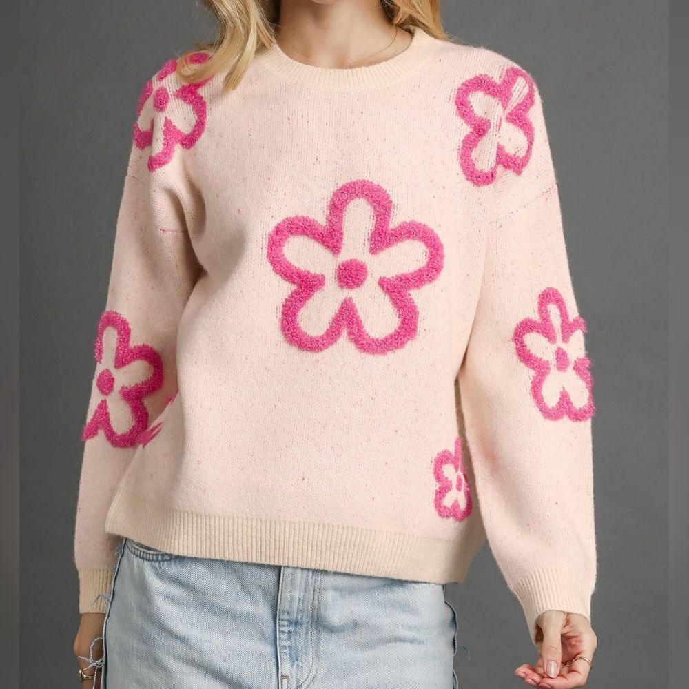 Umgee Round Neck Sweater with Pink Floral Kawaii Large Flower Sz S M